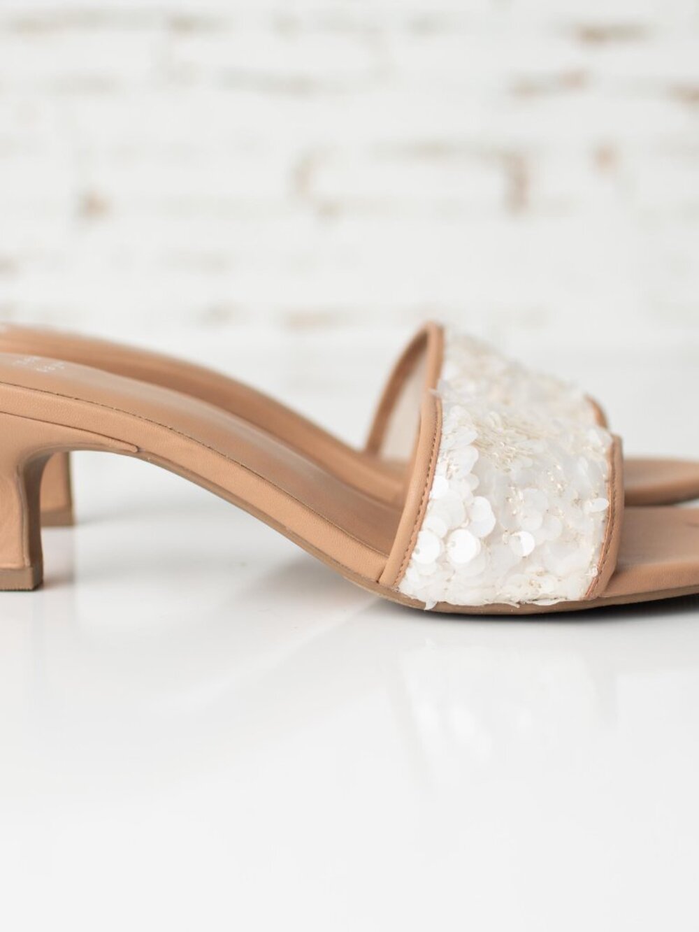 A New Day Kaia Heeled Sandals Size 9 Tan Sequin Strap Memory Foam Slip On Mules - Picture 5 of 8